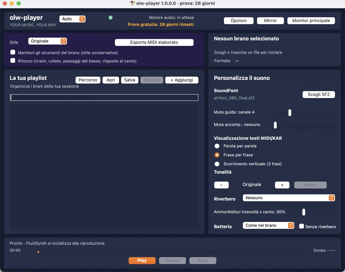 The olw-player main window: playlist, SoundFont selection, lyric display modes and key